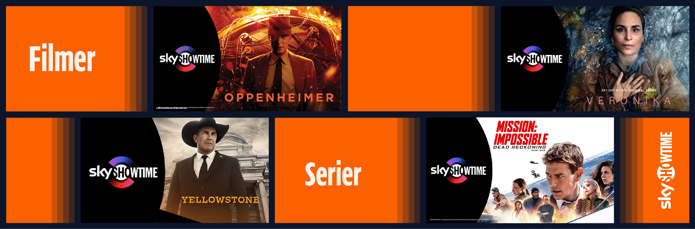 En samling av populære og nye titler hos SkyShowtime - se Oppenheimer, Yellowstone, Veronika og Mission Impossible.